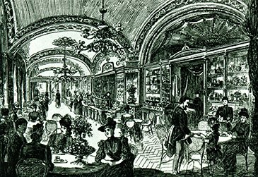 1. A Gizella téri cukrászda belseje egy 19. század végi grafika szerint